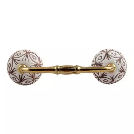 White Base Brown Etched Ceramic Floral Bridge Handle